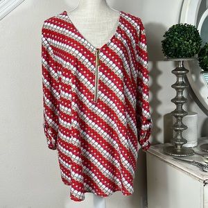 Tacera XL Red/Tan Circle Zipper Blouse